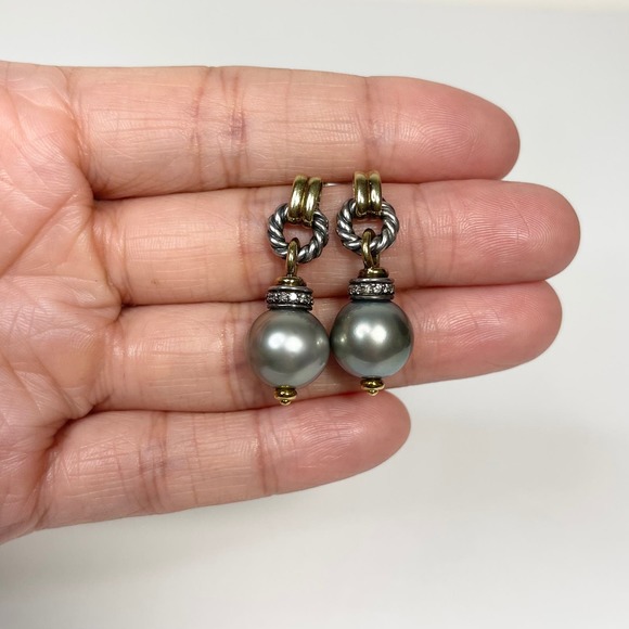 David Yurman Sterling Silver, 18K Tahitian Pearls Diamond Drop Earrings - Picture 2 of 5
